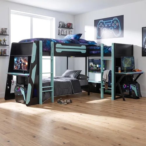 Vista 50 de Cama tipo loft en forma de L tamaño matrimonial e individual con 2 escritorios, tablero de clavijas y cajones de almacenamiento, marco de cama
