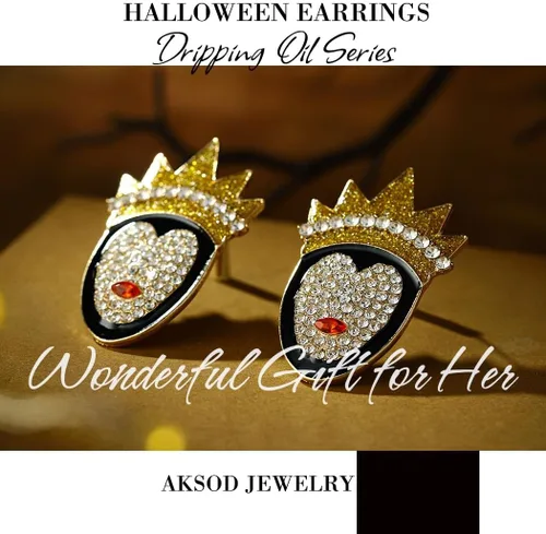 Vista 7 de Aretes de calabaza de aceite de goteo de cristal de Halloween, bonitos aretes de esmalte brillante para fiestas de disfraces de vacaciones, joyería