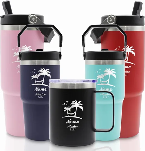 Vista 13 de Vasos de acero inoxidable grabados personalizados con nombres, tazas aisladas personalizadas con asa, taza de café de viaje, regalos para ella/él