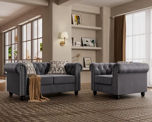 Vista 16 de Morden Fort - Juego de sillas y sofá Chesterfield clásico, con reposabrazos acolchados y patas de madera maciza, sofá cama para mascotas, cómodo