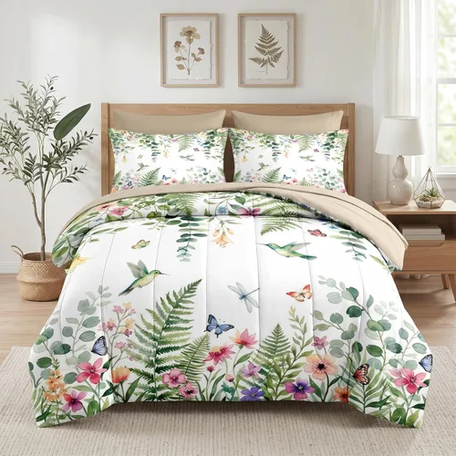 Vista 21 de Nesker Juego de edredón de primavera de 5 piezas, tamaño individual, juego de ropa de cama floral con mariposas para niños y adultos, juego