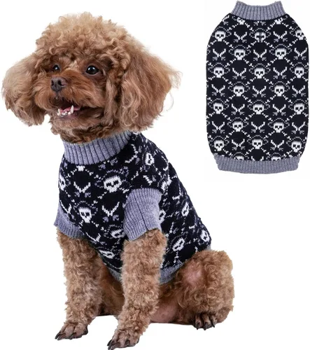 Vista 13 de CuteBone Suéter de calavera de Halloween para perros pequeños, cuello alto, ropa de invierno para mascotas, ropa de gato con agujero para arnés