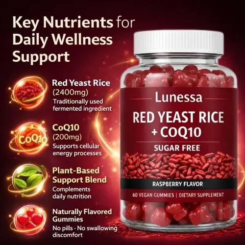 Vista 3 de Arroz de levadura roja Lunessa, con arroz de levadura roja de 2400 mg, CoQ10 200 mg, restaura la vitalidad corporal y mantiene niveles saludables