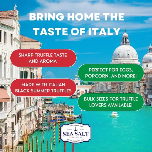 Vista 4 de Sal marina italiana de trufa negra, negro natural para sopas y salsas, sal gourmet suave y rica con infusión de trufa, bolsa de 14 onzas, Caravel