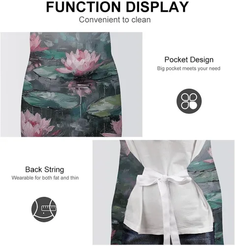 Vista 6 de MUSM Apron for Adults - 27.6 X 31.5 Inch, Heavy-Duty Polyester Aprons with Two Large Pockets, Waterproof Peach Water Lily Painting Kitchen Apron for