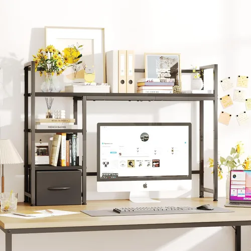 Vista 2 de Estante de escritorio con cajón, estante organizador de escritorio de 41.3" (105 cm), estantería para monitor de computadora hasta 32", estante