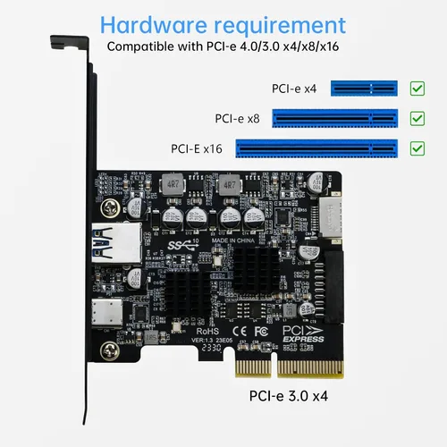 Vista 3 de Tarjeta PCIe USB 3.1, adaptador RIITOP PCI-e 3.0 x4 a USB 3.2 Gen2 (10Gbps) se expande a 20 pines + tipo E + 1 USB 3.0 + 1 USB C