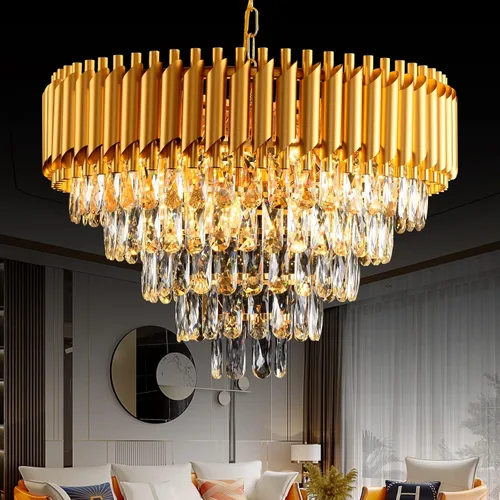 Vista 10 de Candelabro de cristal moderno dorado de 5 niveles para sala de estar, lámpara de araña grande de cristal negro, lámpara colgante de techo