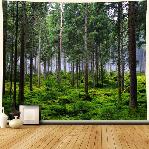 Vista 2 de Tapiz de bosque con árbol verde natural, vintage, paisaje, techo, retro, para dormitorio, estético, hermoso, tapiz de pared, telón de fondo