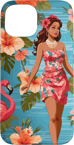 Vista 6 de iPhone 12 Pro Max Vintage Tiki Design - Funda hawaiana retro de flores hula y flamencos