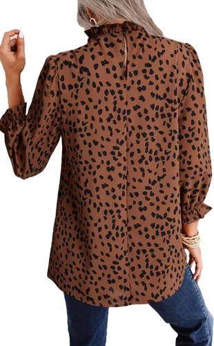 Vista 2 de Remidoo Blusa de manga abombada con cuello alto falso y estampado de leopardo para mujer
