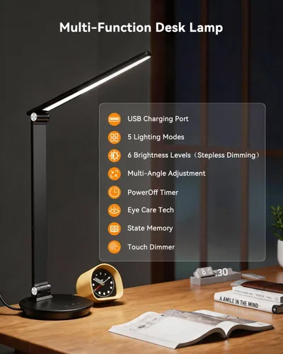 Vista 2 de Eye-Caring LED Desk Lamp with USB Charging Port, Touch Control Dimmable Table Lamp, 6 Brightness Levels 5 Color Modes for Home Office Bedroom Study