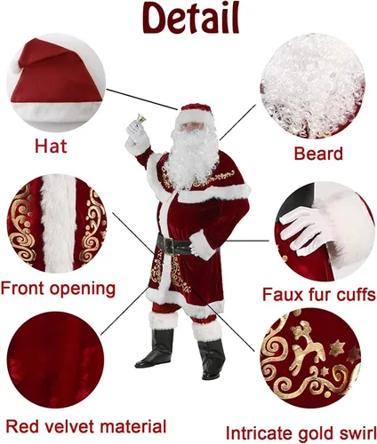 Vista 5 de Juego completo de disfraz de Papá Noel, juego completo de decoraciones de Papá Noel, traje de Papá Noel para adultos y niños