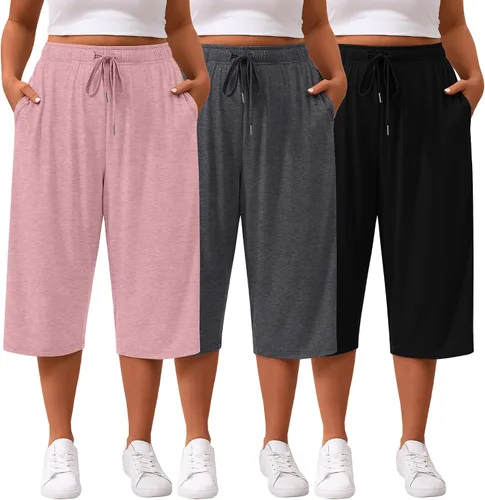 Vista 11 de Paquete de 3 pantalones capri de talla grande para mujer, ajuste holgado, pierna ancha, pantalones recortados para yoga, descanso, entrenamiento