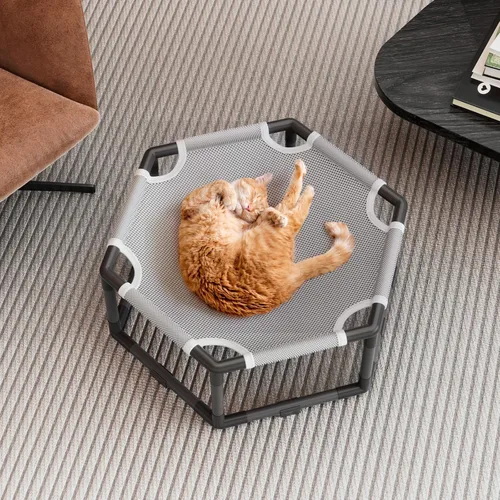 Vista 5 de Tresbro Cama hamaca elevada para gatos, cama hexagonal elevada para uso en interiores y exteriores con tela transpirable y bloque antideslizante