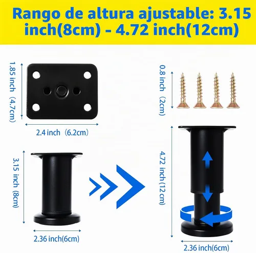 Vista 2 de 4 Piezas Patas de Soporte Ajustables en Altura para Muebles [con Tornillos] 3.15-4.72 pulgadas, Patas de Repuesto de Metal Heavy Duty para Negro