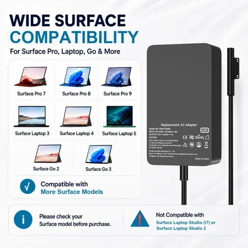 Vista 2 de Cargador Surface Pro de 65 W para Microsoft Surface Pro 7/6/4/3/8/9/11/5 Negro
