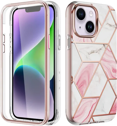 Vista 9 de Asuwish Funda para iPhone 14 Plus de 6.7 pulgadas con protector de pantalla híbrida con bonito diseño de mármol, a prueba de golpes, cuerpo