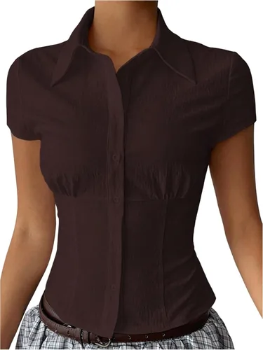 Vista 9 de SweatyRocks Camisas con botones para mujer, manga casquillo, blusa de trabajo elegante