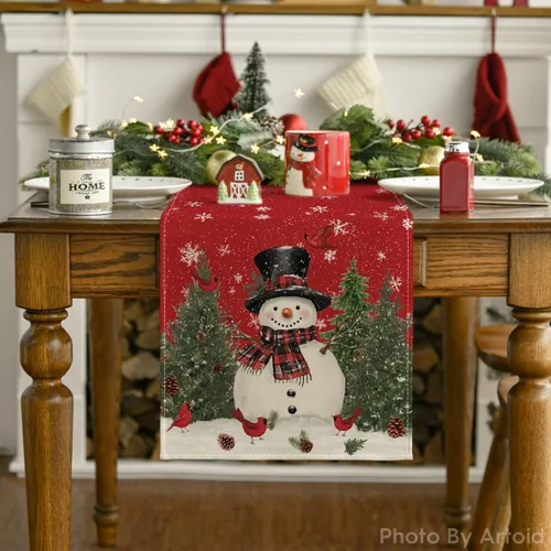 Vista 7 de Artoid Mode Camino de mesa con diseño de muñeco de nieve y pájaros de Navidad, decoración de mesa de comedor para interiores y exteriores