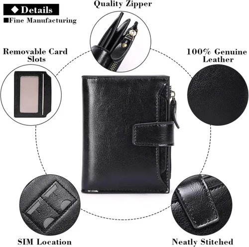 Vista 5 de FALAN MULE - Cartera de cuero auténtico para mujer, pequeña plegable , compacta, con interferencia de radiofrecuencia (RFID)