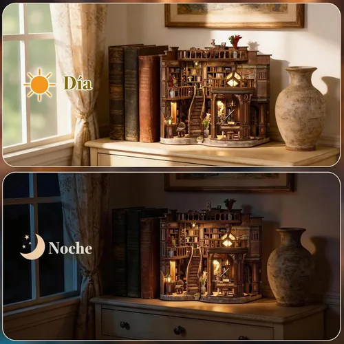Vista 6 de Kit de rincón de libros, rompecabezas de madera 3D en miniatura, sujetalibros con luz LED, decoración de estantería de flor de cerezo para libros