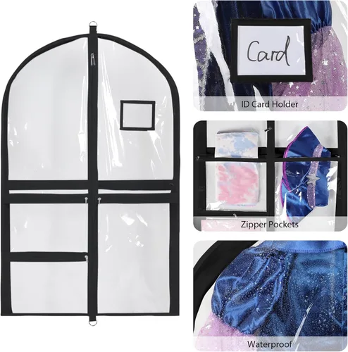 Vista 5 de Univivi Bolsas de PVC transparente para disfraz de baile, bolsa de ropa de 35 pulgadas para competiciones de baile, con 3 bolsillos separados
