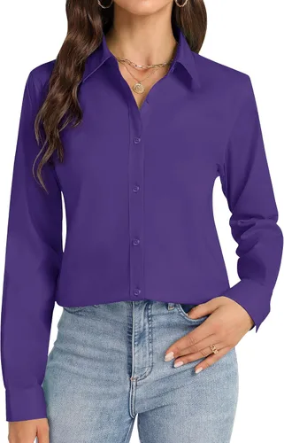 Vista 12 de Camisas con botones J.VER para mujer con cuello elástico y manga larga de algodón, camisa de vestir casual de negocios para el trabajo