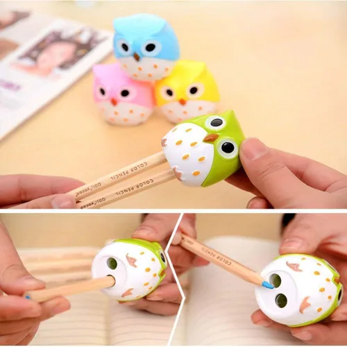 Vista 4 de Sacapuntas de doble agujero, diseño de animales de dibujos animados, búho, cuchillo creativo kawaii, suministros escolares, manual grande, accesorio