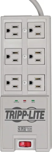 Vista 4 de Tripp Lite Regleta de protección contra sobretensiones de 6 tomas, cable de 6 pies, enchufe de ángulo recto y seguro de $50,000 (TR-6), gris