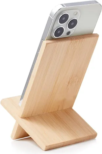 Vista 4 de Soporte de bambú para teléfono celular con orificio de carga, soporte de madera desmontable para teléfono móvil para escritorio, soporte de tableta