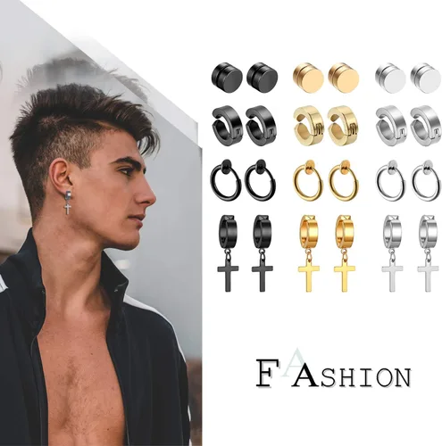 Vista 2 de OIDEA 12/14/15/18 pares de aretes para hombre: aretes de acero inoxidable para hombre, juego de aretes de aro colgantes con cruz, regalo de joyería