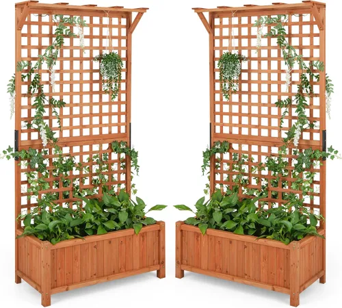 Vista 10 de HAPPYGRILL Cama de jardín elevada de 72.5 pulgadas con enrejado y jardinera