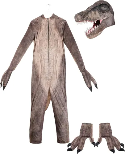 Vista 4 de Disfraz de T-Rex para adultos, disfraz de dinosaurio gris, disfraz de dinosaurio jurásico