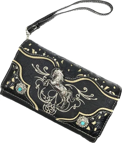 Vista 2 de Zelris Cartera cruzada de cuero vegano de PU bordada con caballo de cría occidental, Negro -, Zelris Damasco
