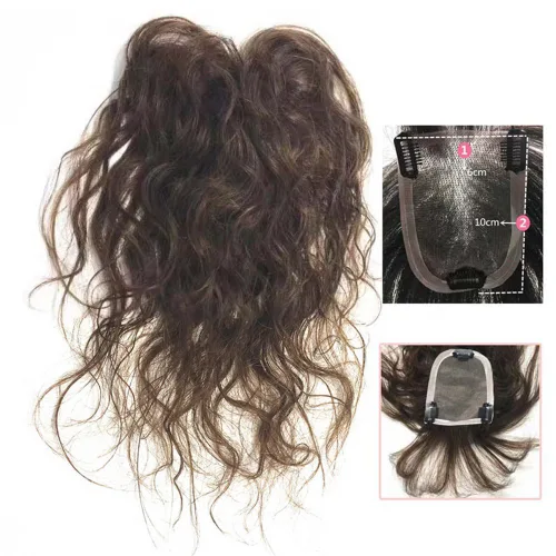Vista 3 de Cabello humano natural rizado 2.4x3.9 in clip en postizo esponjoso con flequillo 7.9 in para mujeres pérdida de cabello marrón claro
