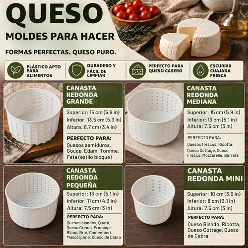 Vista 3 de Juego de moldes para queso, 4 cestas de drenaje de queso surtido para hacer queso casero, capacidad de 11.8-40.6 fl oz, aproximadamente 0.55-2.64