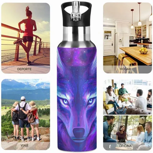 Vista 6 de Botella de Agua de Lobo Tazas de Lobo Botella de Agua Galaxia para Niños Niñas con Tapa de Pajita Lobos Aislada Acero Inoxidable Frasco de Agua a007