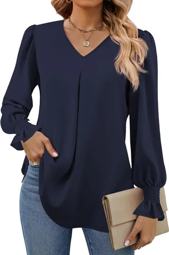 Vista 16 de Funlingo Blusas de mujer con mangas largas 2025, elegantes y casuales, con cuello en V, túnica suelta de gasa para el trabajo