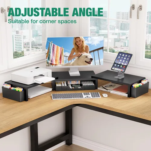 Vista 4 de OPNICE Soporte elevador de monitor doble con cajón y 2 soportes para bolígrafos, organizador de escritorio para suministros de oficina, soporte