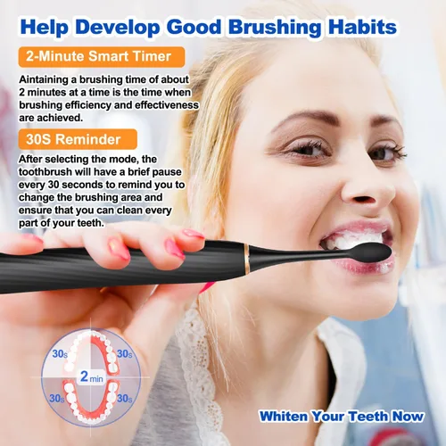 Vista 5 de FXQQZZ Cepillo de dientes eléctrico para adultos y niños, con raspador de lengua y estuche de viaje, 8 cabezales de cepillo, temporizador