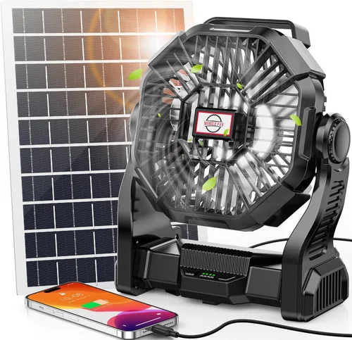 Vista 8 de Ventilador Solar de 20000mAh con Farol LED, Panel Solar Recargable de 10W, Ventilador de Camping Alimentado por Batería para Exteriores, de 9