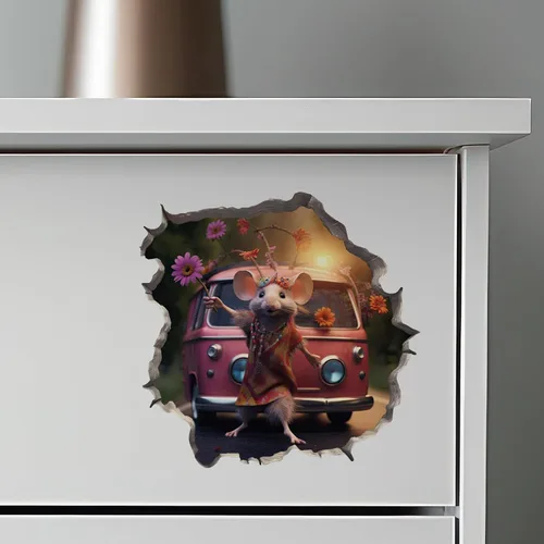 Vista 6 de Pegatina de pared 3D con agujero de ratón de niña hippie boho