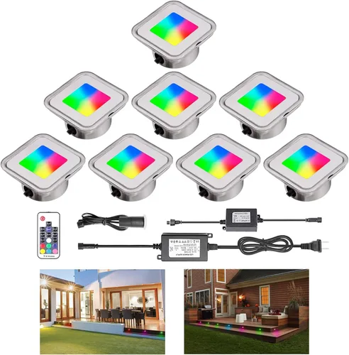 Vista 8 de Kit de 8 luces empotrables para cubierta cuadrada IP67, color Blanco cálido