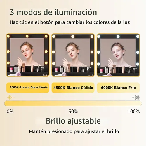 Vista 3 de BORNOON Escritorio pequeño con espejo y luces, escritorio de tocador de maquillaje con brillo ajustable, 3 modos de luz, armario de almacenamiento