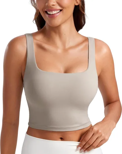 Vista 18 de CRZ YOGA Butterluxe Square Neck Crop Tank Top Brasier integrado, soporte ligero, almohadillas extraíbles, yoga, extremadamente suave, tirantes