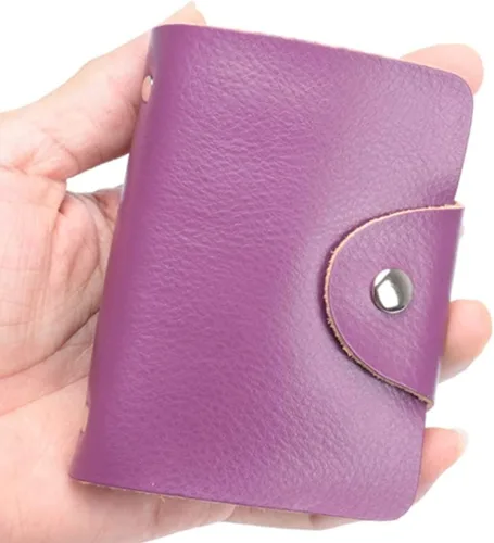 Vista 2 de YaJaMa Cartera para tarjetas de crédito, pequeña, de piel auténtica, 26 ranuras, para tarjetas, organizador para mujeres y hombres, Púrpura, Cartera