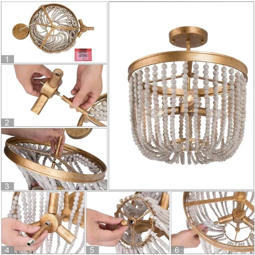 Vista 8 de Lámpara de techo con cuentas de madera, estilo bohemio, semiempotrada, lámpara de techo de 3 luces doradas para dormitorio, pasillo, cocina