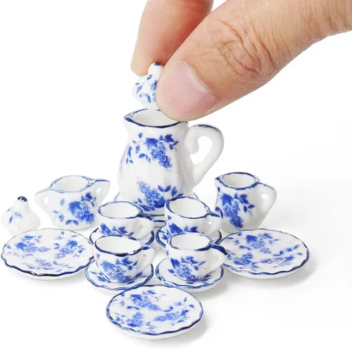 Vista 22 de Odoria 1:12 Miniatura 15pcs porcelana azul Chintz taza de té Set (azul)
