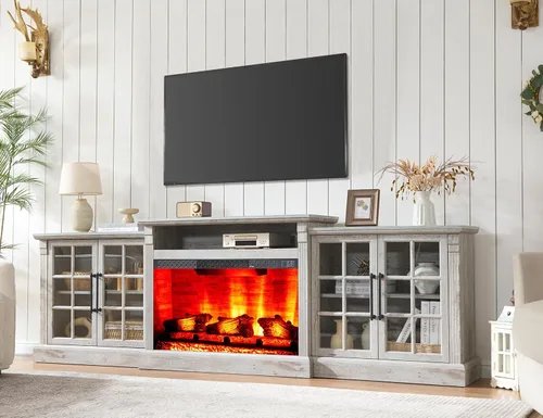 Vista 15 de AMERLIFE Soporte de TV con chimenea de 70 pulgadas para televisores de hasta 80 pulgadas, consola multimedia con armarios de almacenamiento